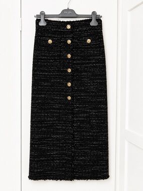 Zara Black Tweed Maxi Skirt with Gold Buttons